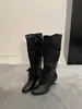 Versión de cuero~Botas altas de cordones con punta fina estilo coreano para mujer, botas vintage de tacón grueso fruncidas apiladas, botas de ajuste ceñido, botas de montar