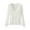 Estoque Pronto do Fabricante Comércio Exterior Atacado de Roupas Femininas 2025 Novo Estilo Europeu e Americano Camisa de Manga Longa com Renda Ajustada e Babados