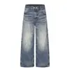 Jeans de pierna ancha con lavado degradado estilo americano para hombre, corte holgado, estilo dad moderno, bordes desgastados, pantalones rectos casuales vintage