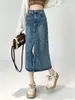 Atacado transfronteiriço direto da fábrica: saia jeans vintage lavada com fenda para mulheres, saia jeans de cintura alta em A, de comprimento médio