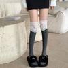 Calcetines de encaje gris dulce para niña JK, calcetines largos de algodón hasta la rodilla con costuras de lazo de encaje