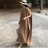 Vestido Regata com Fenda de Algodão e Linho de Verão Coreano para Mulheres Cor Pura Solto Tamanho Grande Estilo Preguiçoso Frio Saia Longa para Mulheres