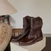 Botas Redondas Super Suaves de Piel de Vaca Arrugadas con Tacón Grueso Apilado para Mujer Botas Cortas Adelgazantes Estilo Vaquero Occidental Retro Botas Martin de Media Pantorrilla