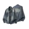 Chaqueta de Mezclilla Amarilla con Tinte de Barro, Cuello Alto, Desestructurada, Lavada, Desgastada, Estilo Retro Americano, Para Hombre, Primavera Otoño, Retazos, Holgada, Moderna