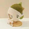 Gorro de lana tejido con protección para los oídos para niños y bebés, transfronterizo, con etiqueta de tela elegante, correas de colores caramelo para niños y niñas