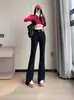 Calça Jeans Flare Vintage Azul com Fenda Dividida para Mulheres, Forrada com Lã para o Inverno, Tamanho Grande, Valoriza o Corpo Pera, Calça Bootcut com Barra Desfiada
