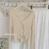 Cárdigan de Punto con Encaje y Seda de Hielo, Protección Solar, Cuello en V con Volantes, Chaqueta Corta de Verano