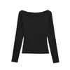 Camisa Básica Retrô Gola Canoa Manga Longa Estilo Desejo Puro, Novo Top Curto Versátil Slim Fit de Cor Sólida para Mulheres