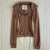 Sudadera con capucha y cremallera estilo Y2K Milenio para mujer Color café Corta Ajustada Chaqueta Bordada Retro Americana Top Chica Picante