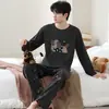 Pijama masculino de algodão imitação, conjunto de manga longa para primavera e outono, estampa de cachorrinho de desenho animado listrado, gola redonda, roupa de casa masculina