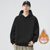 Moletom com capuz e forro de fleece pesado de 420g para homens, outono e inverno, bordado de letras estilo americano, moletom cinza de corte solto