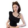 Deseo Puro Dulce Chica Caliente Cuello Inclinado Camisola de Un Hombro con Volantes Ropa Exterior de Verano para Mujer Top Corto de Estilo Occidental Único