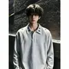 Sudadera con Capucha y Cuello Alto Gris Flor Blanca para Hombre Otoño Bordada Manga Larga Camiseta Marca de Moda Americana Camisa Base con Cuello