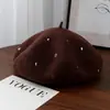 Boina de Lã Bordada à Mão com Pedras para Mulheres, Chapéu de Inverno Versátil Casual para Artistas, Chapéu de Abóbora Estiloso e Quente