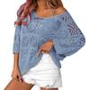 Estilo Europeo y Americano Color Puro Hombro Descubierto Calado Tejido de Crochet Diseño Suelto Manga Murciélago Cuello V Top Casual de Moda