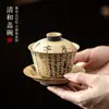 Tigela Coberta de Sancai Qinghe Vermelho Flint Azul e Branco Cerâmica Familiar Pintada à Mão Prefácio do Pavilhão das Orquídeas Tigela de Chá Tigela de Chá Retro Chinesa