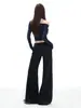Pantalones de Traje Elásticos Negros para Mujer, Novedad Otoño Cintura Baja Simples Elegantes Casuales Con Caída Ajustados Versátiles Ligeramente Acampanados