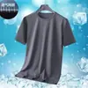 Venda Direta da Fábrica Camiseta de Malha de Seda Gelada de Manga Curta para Homens, Estilo Fino de Verão, Blusa de Gola Redonda Lisa, Secagem Rápida, Camiseta Respirável com Sensação de Gelo