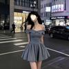 Novo Design Francês Tomara que Caia Temperamento Verão Garota Quente Vestido Uma Linha Emagrecimento da Cintura Vestido Chique Bufante
