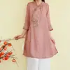 Camisa de algodón y lino estilo chino nuevo, artística y retro, top de verano de longitud media bordado estilo étnico, vestido de té holgado para mujer