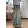 Jeans largo retro azul emagrecedor de perna larga plus size para mulheres com corpo tipo pera, adequado para outono e inverno, com design de perna reta