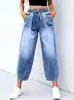 Jeans elásticos con cordón de estilo europeo y americano, pantalones vaqueros casuales de talla grande, holgados, cropped, estilo linterna, con pliegues, lavado claro