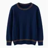 Suéter de Fio 100% Algodão Feminino Gola Redonda Francesa Listras Color Block Outono Inverno Engrossado Manga Longa Roupa de Baixo Camada Base Malha