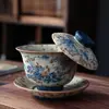 Juego de té Kung Fu para uso doméstico, tetera con filtro cerámico individual, azul y blanco con rojo piedra de fuego, tetera con diseño de paisaje pintado a mano bajo vidriado