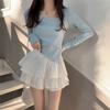 Outono Novo Estilo Coreano Spice Girls Sexy Irregular Quadrado Pescoço Manga Longa Camiseta Pure Desire Design Sense Slim Base Top