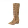 Botas Altas Respiráveis Vazadas Retro Francesas 2026 Verão Salto Grosso Bico Fino Sandálias Versáteis Acima do Joelho Botas Longas Femininas
