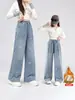 Calça Jeans Pelúcia com Laço de Strass para Meninas 2026 Outono/Inverno Média/Grande Infantil Solta Wide Leg Calça Longa Quente com Caimento