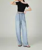 Jeans Rectos Elásticos de Cintura Alta en Tencel Lyocell para Mujer, Talla 26, Estilo Delgado de Verano, Pantalones Anchos Sueltos con Caída, Estilo Perezoso