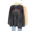Camiseta de Manga Larga con Estampado de Letras Estilo Coreano High Street Bf para Mujer, Lavada, Desgastada, Holgada, Estilo Perezoso, Primavera y Otoño 2025