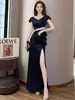 Vestido Formal para Registro, Adecuado para Uso Diario, Cuello en V, Blanco, Petite, Gama Alta, Corte Ajustado, Vestido de Noche con Abertura