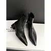 [Em Estoque] Botas Elegantes de Bico Fino com Salto Bloco Elásticas Slim Estilo Coreano Botas Curtas Versáteis Novas para Outono e Inverno