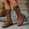 2026 Invierno Nueva Llegada Felpa Gruesa Suela Gruesa Talla Grande Plataforma Botas tipo Martin En Stock Amazon Con Cordones Tejido Media Pantorrilla Botas para Mujer