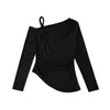 Camiseta Sexy Manga Longa com Alça Torcida em um Ombro para Mulheres, Estilo Pura Luxúria, Barra Assimétrica, Top Cintura Tomara-que-caia, Camada Base Estilo Western