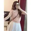 Blusa de Verão Feminina Tricô Solto Gola Redonda Listrada Ombro Reto Bordado de Urso Tricô em Ponto Trançado Manga Curta Gelo