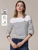 Camiseta Feminina Casual de Algodão Puro com Listras, Manga Longa, Gola Redonda, Roupas de Trabalho, Popular no Outono e Inverno, Personalizada, Transfronteiriça