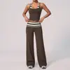 Amazon Novo Conjunto Fitness de Peça Falsa Dupla Wide Leg Quadrado Costas Bonitas Moda Casual Cintura Dobrável Conjunto de Yoga