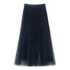 Saia plissada feminina, novo estilo de outono, saia de tule com barra larga, tendência de moda 2026, saia de tule drapeada reversível