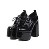 Zapatos de Moda para Mujer para Todas las Estaciones, Tallas 35-46, Punta Redonda Charol Impermeables Plataforma Tacón Cuadrado Negro Con Cordones Zapatos de Talla Grande