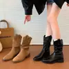 Botas Black Knight Botines Versátiles para Mujer 2025 Media Pantorrilla Tacón Bloque Estilo Western Plisadas Adelgazantes Nuevo Retro Ajustadas