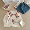 [Casa Rosa] Ropa Infantil Estilo Coreano, Camiseta Falsa de Dos Piezas con Dibujos Animados y Graffiti Estilo Coreano, Jeans Rectos de Cuadros