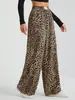 Pantalones Casuales Rectos Estampado de Leopardo Europeos y Americanos de Amazon Transfronterizos 2024 Nuevos de Cintura Alta Sueltos de Pierna Ancha Largos