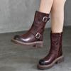 Botas de couro genuíno Knight com fivela de cinto retrô all-match botas de cano médio com forro de lã e camada superior de algodão botas femininas de couro de vaca