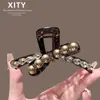 Moderna Pinza para el Cabello de Perlas de Alta Gama Color Champaña para Mujeres con Cabello Fino, Pinza Completa de Nuevo Estilo para la Parte Posterior de la Cabeza, Pinza de Tiburón de Alta Gama