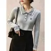 Suéter de Punto Trenzado Estilo Universitario Francés 2026 con Cuello Polo Bordado, Nuevo Top de Contraste de Color Vintage de Alta Gama Otoño/Invierno para Mujer