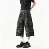 Ropa de trabajo de camuflaje estilo americano para hombre, verano, casual, holgada, recta, pierna ancha, pantalones cortos cropped lavados de marca de moda