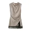 Vestido de Rayas sin Mangas con Cuello Alto Transfronterizo Europeo y Americano, Nueva Moda de Primavera para Mujer con Adornos de Encaje Mini, Estilo Vacacional